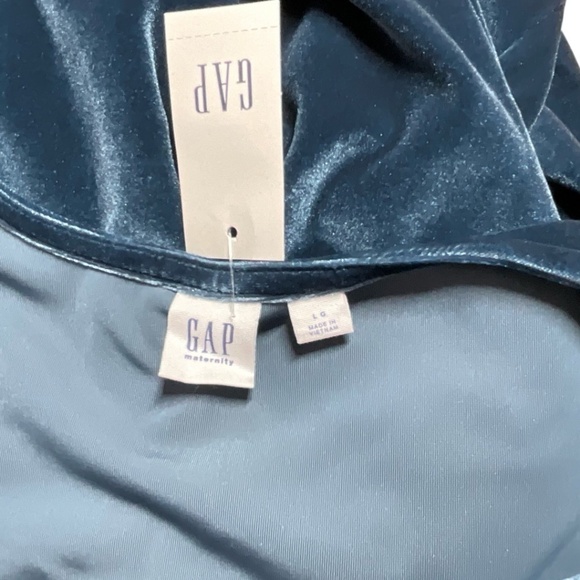 GAP Maternity Teal Blue Velvet Faux Wrap Short Sleeve Midi Dress Tie Waist Sz L - Picture 4 of 9